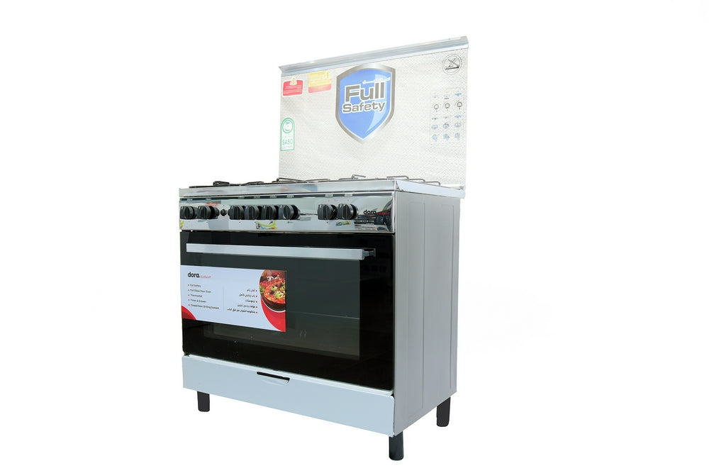 فرن غاز دورا 5 عيون 90×60 امان كامل وش استيل جوانب سيلفر ( ELEGANT )