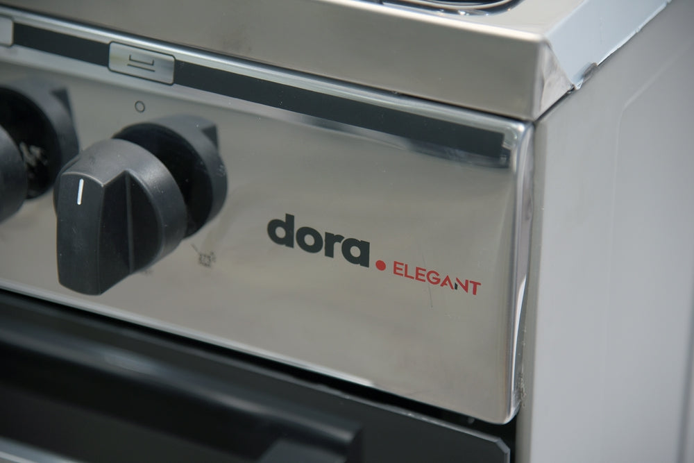 فرن غاز دورا 5 عيون 90×60 امان كامل وش استيل جوانب سيلفر ( ELEGANT )