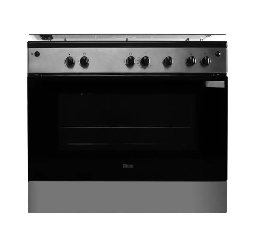 فرن غاز جيبسون 60×90 سم 5 عيون سطح اسود وجه استيل جوانب اسود امان كامل