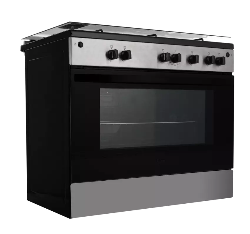 فرن غاز جيبسون 60×90 سم 5 عيون سطح اسود وجه استيل جوانب اسود امان كامل