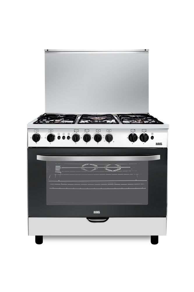 فرن غاز هاس 60×90 - 5 عيون اشعال ذاتي استيل جوانب سلفر امان