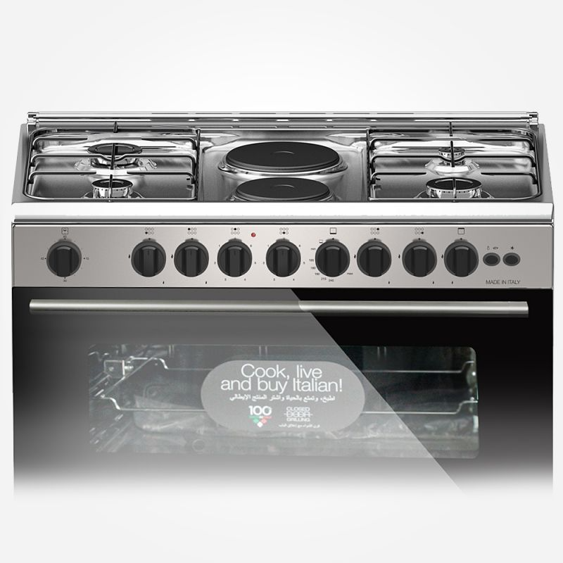 فرن 4 عيون غاز + 2 كهرباء بومباني 60×90 استيل امان