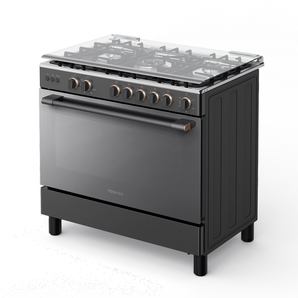 فرن غاز توشيبا 5 عيون 90 سم مع مروحة شبك عريض سطح استيل جانب سلفر