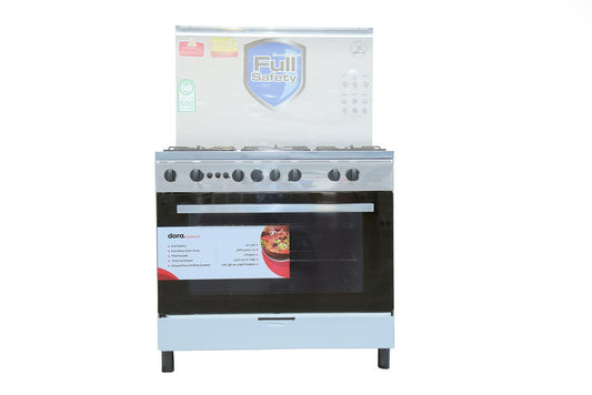 فرن غاز دورا 5 عيون 90×60 امان كامل وش استيل جوانب سيلفر ( ELEGANT )