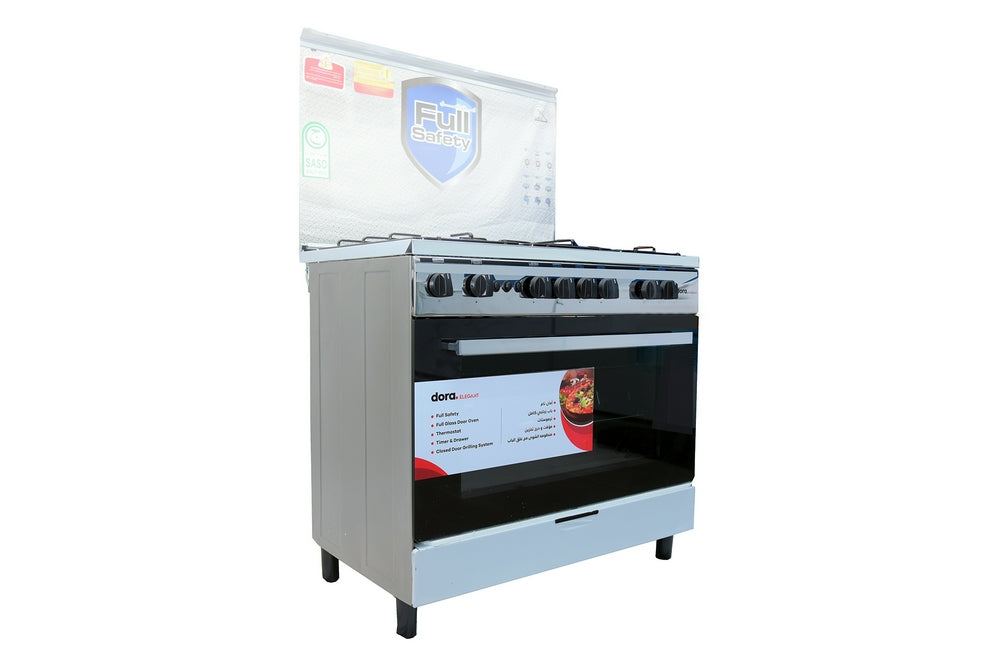 فرن غاز دورا 5 عيون 90×60 امان كامل وش استيل جوانب سيلفر ( ELEGANT )