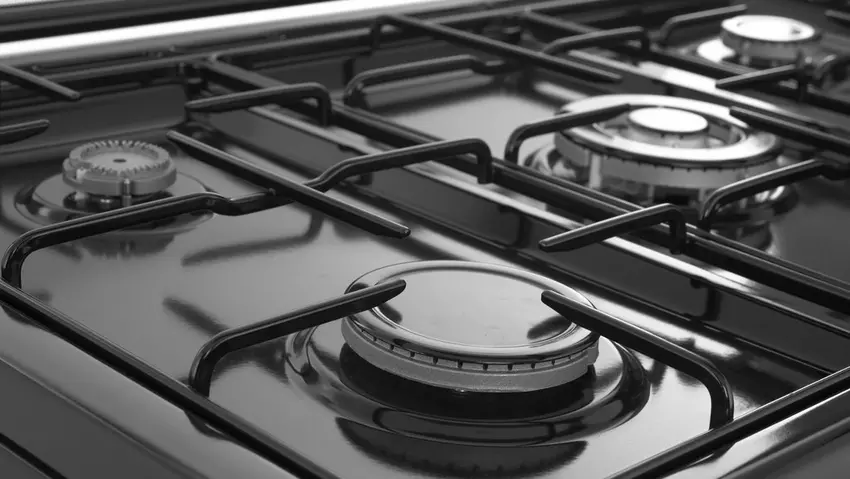 فرن غاز جيبسون 60×90 سم 5 عيون سطح اسود وجه استيل جوانب اسود امان كامل