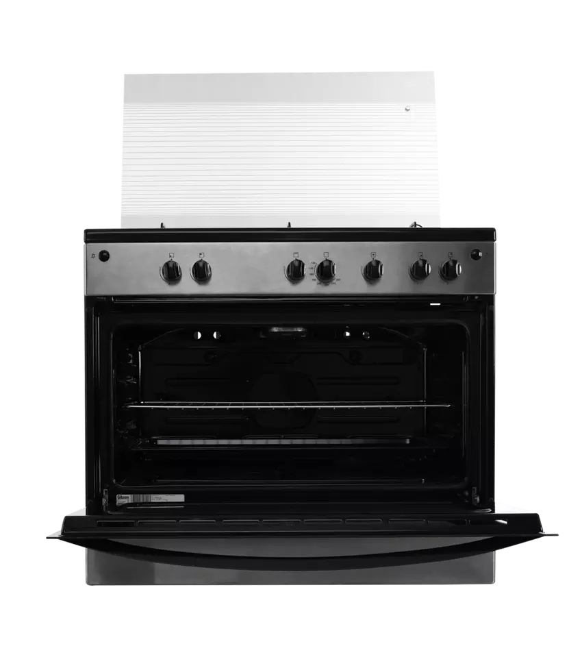 فرن غاز جيبسون 60×90 سم 5 عيون سطح اسود وجه استيل جوانب اسود امان كامل