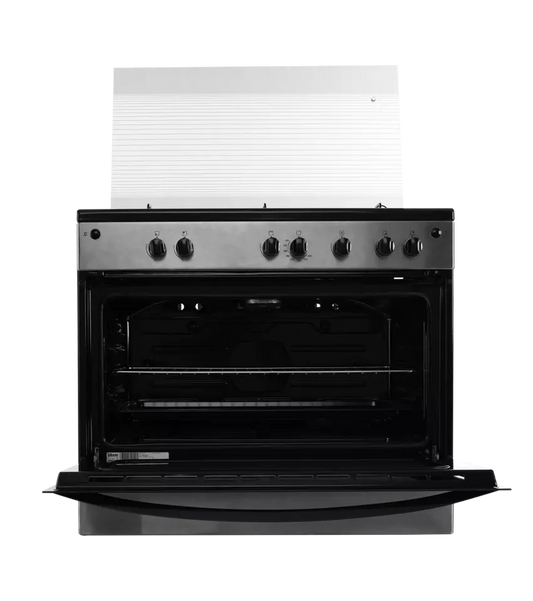 فرن غاز جيبسون 60×90 سم 5 عيون سطح اسود وجه استيل جوانب اسود امان كامل