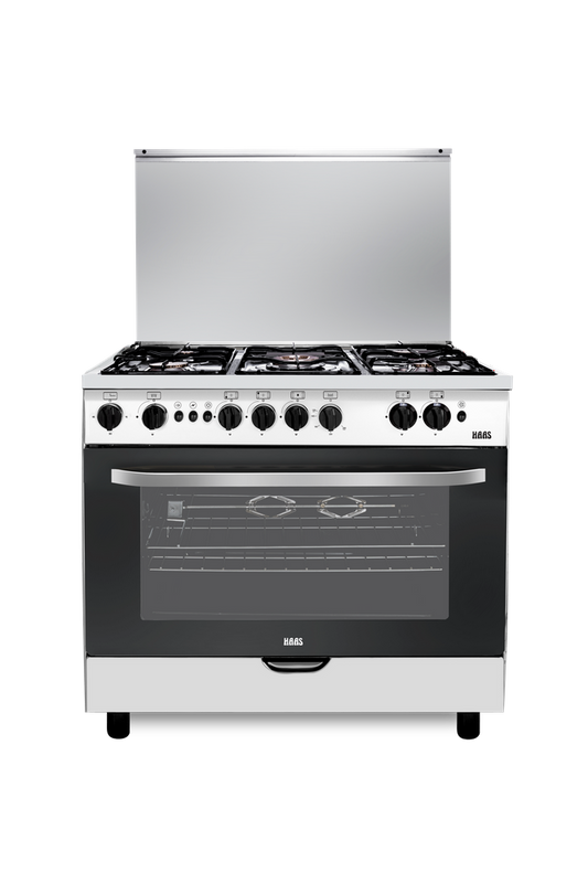 فرن غاز هاس 60×90 - 5 عيون اشعال ذاتي استيل جوانب سلفر امان