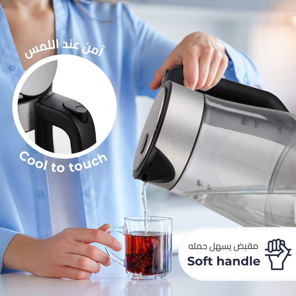 غلاية مياه كيون 1.7 لتر 2200 واط زجاج مع مؤشر LED