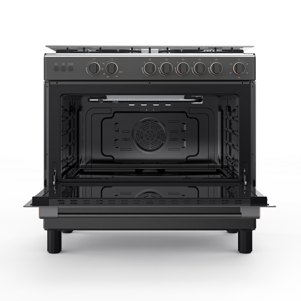 فرن غاز توشيبا 5 عيون 90 سم مع مروحة شبك عريض سطح استيل جانب سلفر