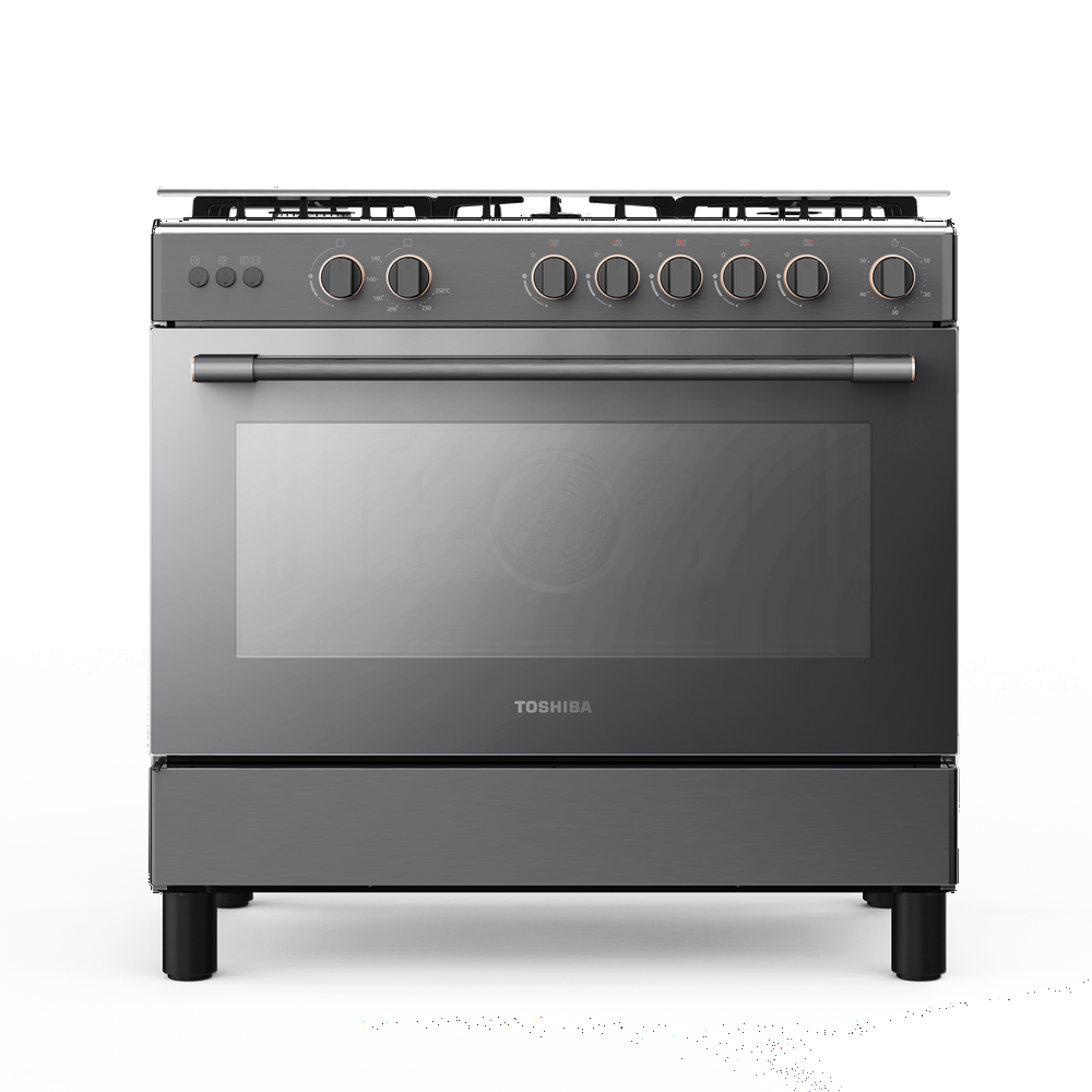 فرن غاز توشيبا 5 عيون 90 سم مع مروحة شبك عريض سطح استيل جانب سلفر