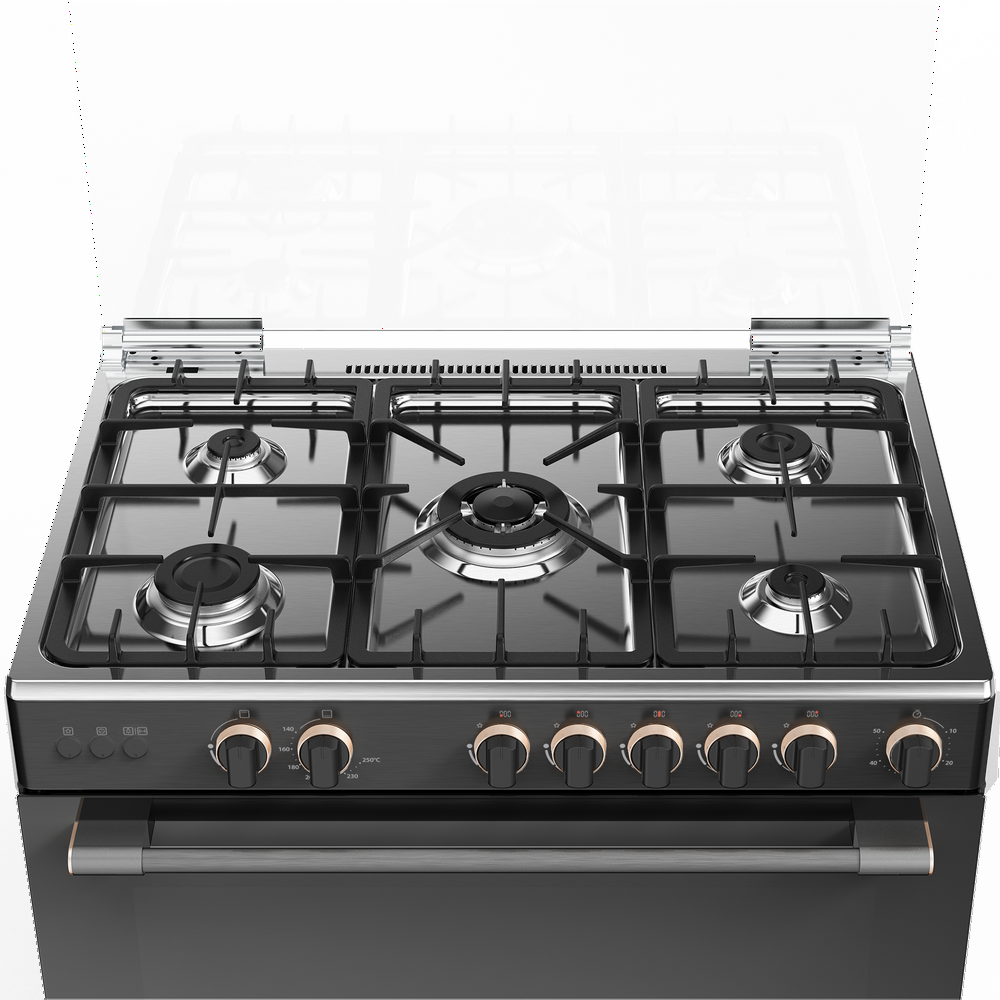 فرن غاز توشيبا 5 عيون 90 سم مع مروحة شبك عريض سطح استيل جانب سلفر