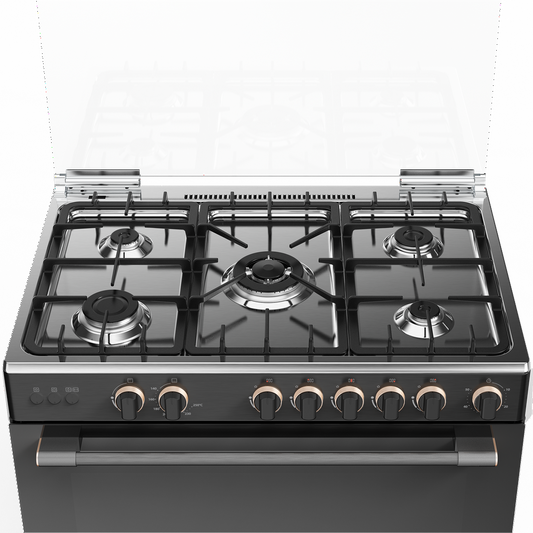 فرن غاز توشيبا 5 عيون 90 سم مع مروحة شبك عريض سطح استيل جانب سلفر