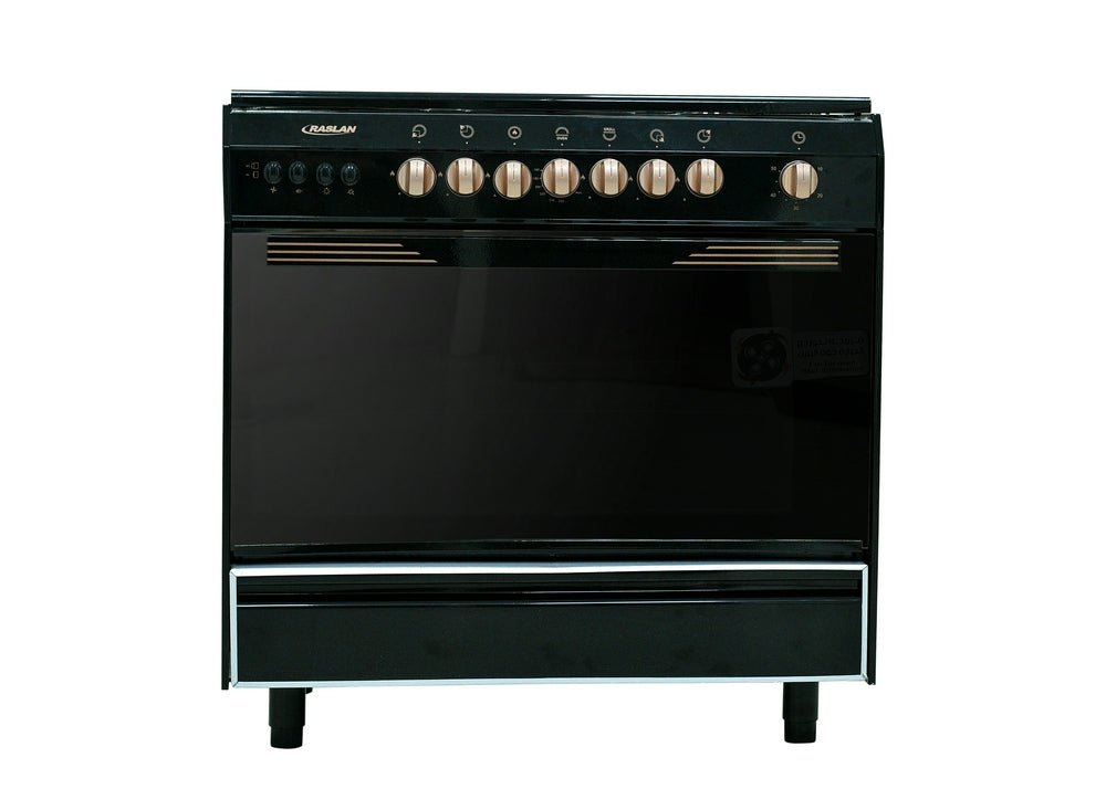 فرن غاز رسلان 5 عيون 60×90 سطح استيل جوانب اسود + مروحه مفاتيح ذهبي