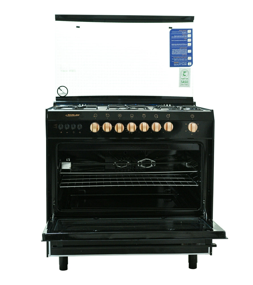 فرن غاز رسلان 5 عيون 60×90 سطح استيل جوانب اسود + مروحه مفاتيح ذهبي