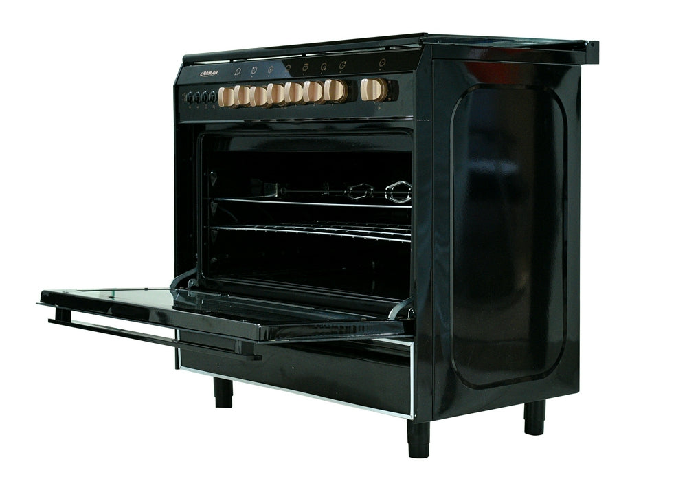 فرن غاز رسلان 5 عيون 60×90 سطح استيل جوانب اسود + مروحه مفاتيح ذهبي