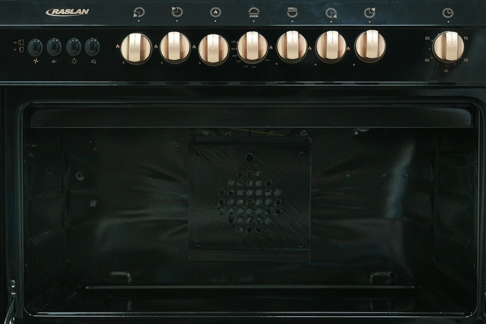 فرن غاز رسلان 5 عيون 60×90 سطح استيل جوانب اسود + مروحه مفاتيح ذهبي