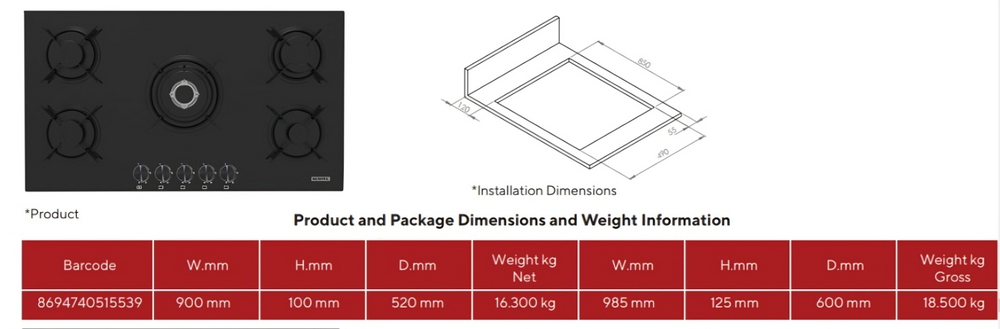 سطح بلت ان غاز كومتيل 5 عيون 90 سم اسود (تركي)