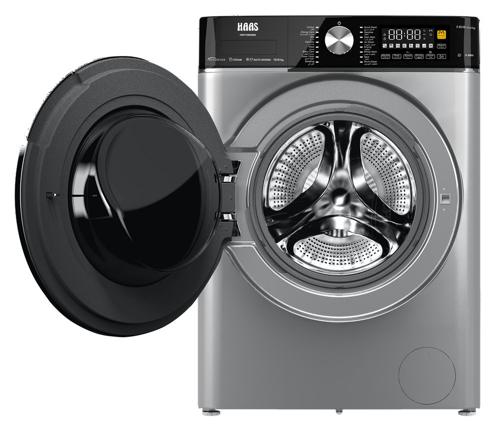 غسالة اوتوماتيك فتحة امامية هاس 10 ك غسيل 6 ك تجفيف سلفر (انفرتر)